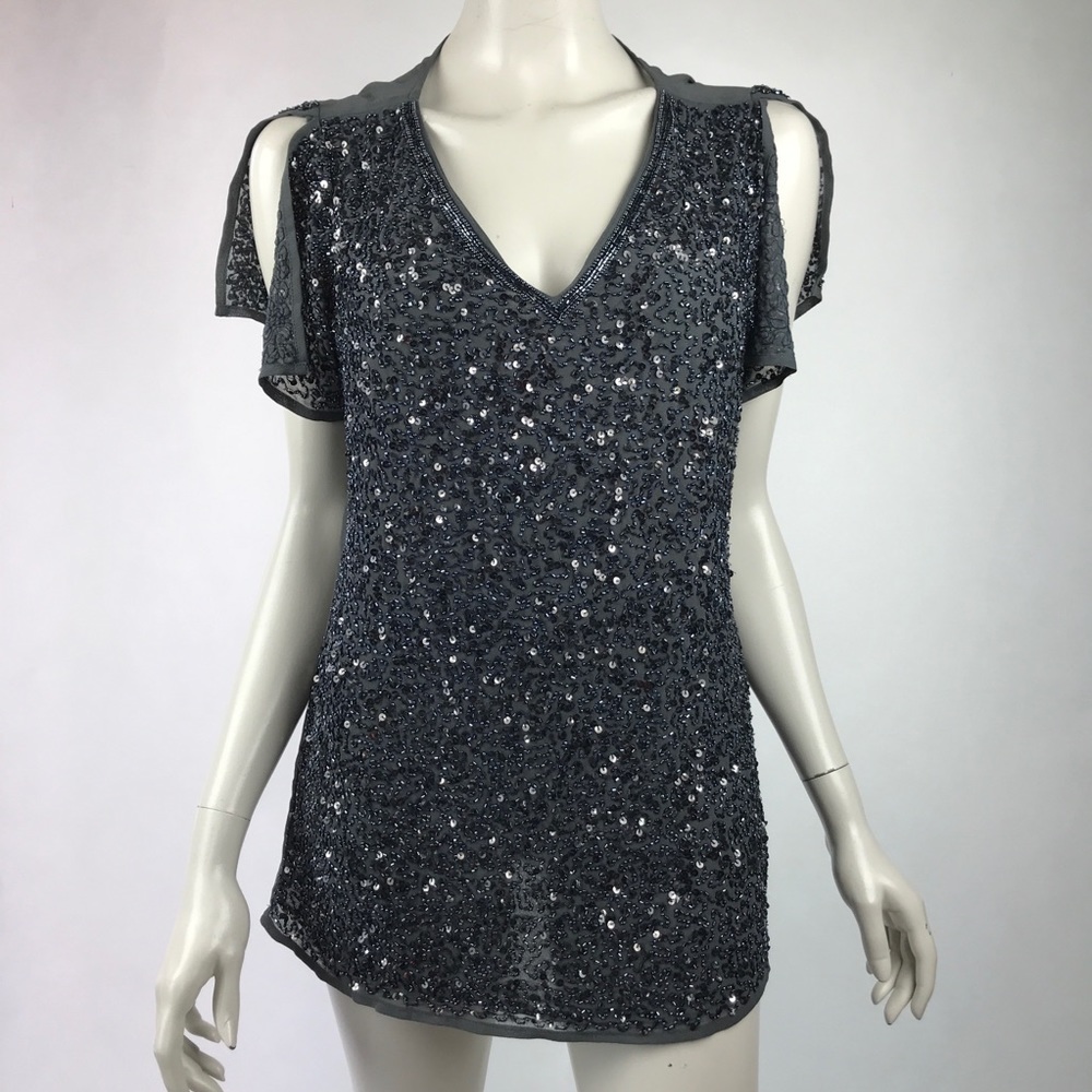 Sundance Gray Sheer Blouse Beaded Open Slit Sleeve